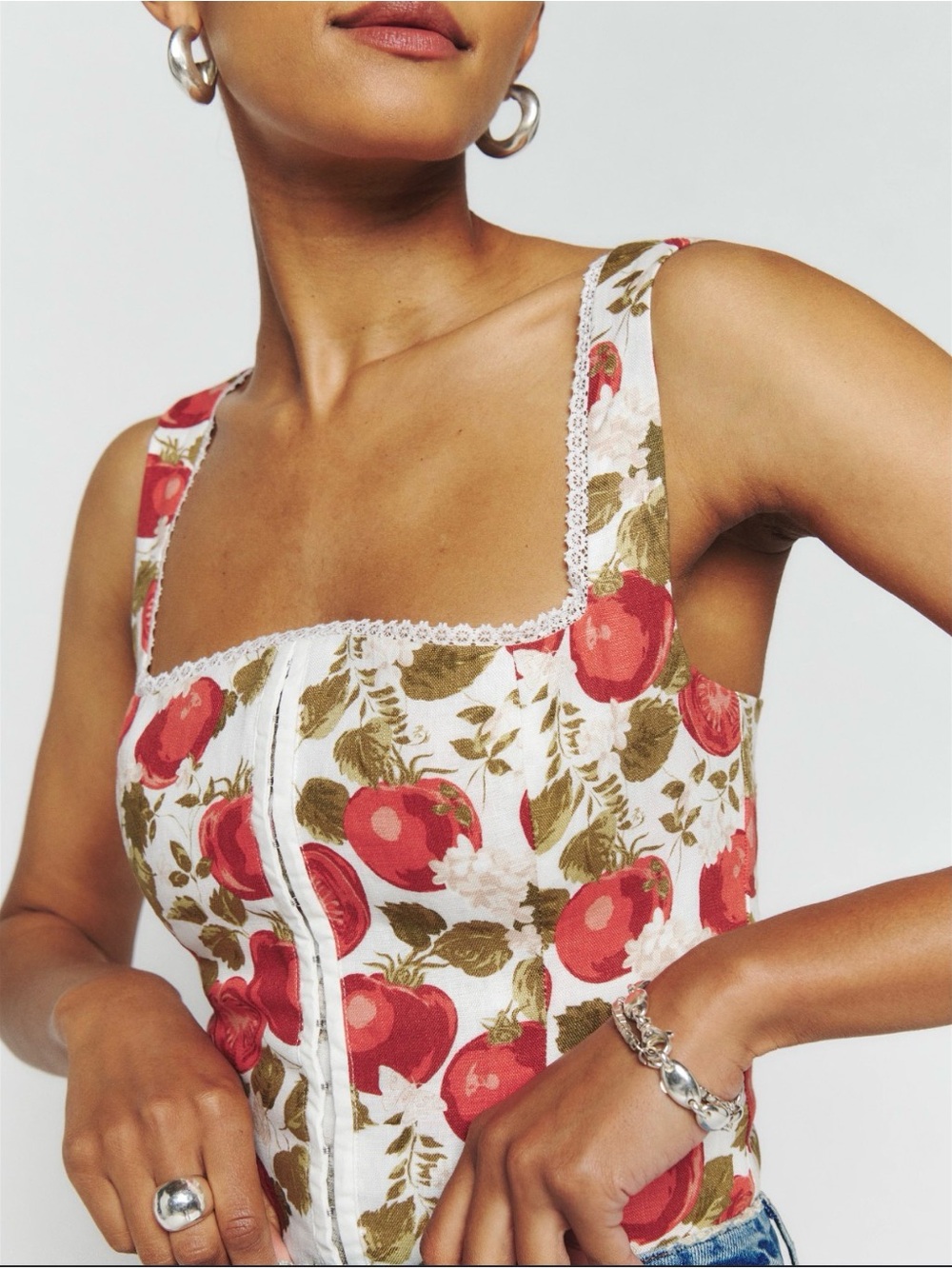 Reformation Tagliattelle Fruit Print Lace-Trim Corset Top - Red & Olive on White